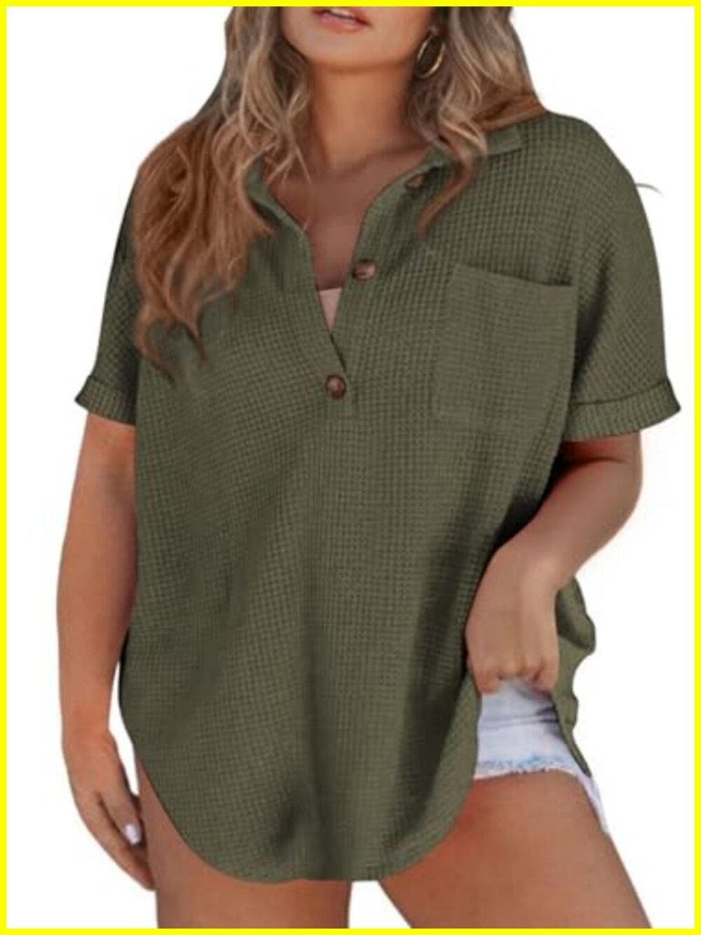 Waffle Knit Plus Size Button Down V-Neck Short Sleeve Tunic